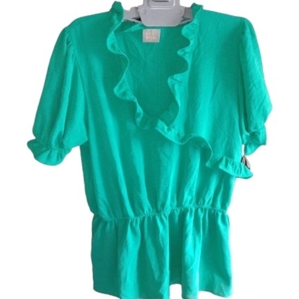 NEw Coquette Ruffle Neck Puff Sleeve Peplum Blouse Green Silky Romantic